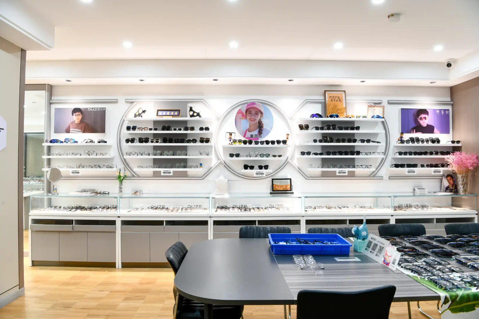 Wall display of optical frames and sunglasses in the HAO Eyewear showroom