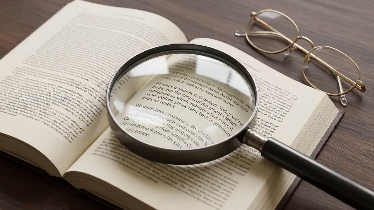 Handheld magnifying glass enlarging fine print beside a pair of reading glasses